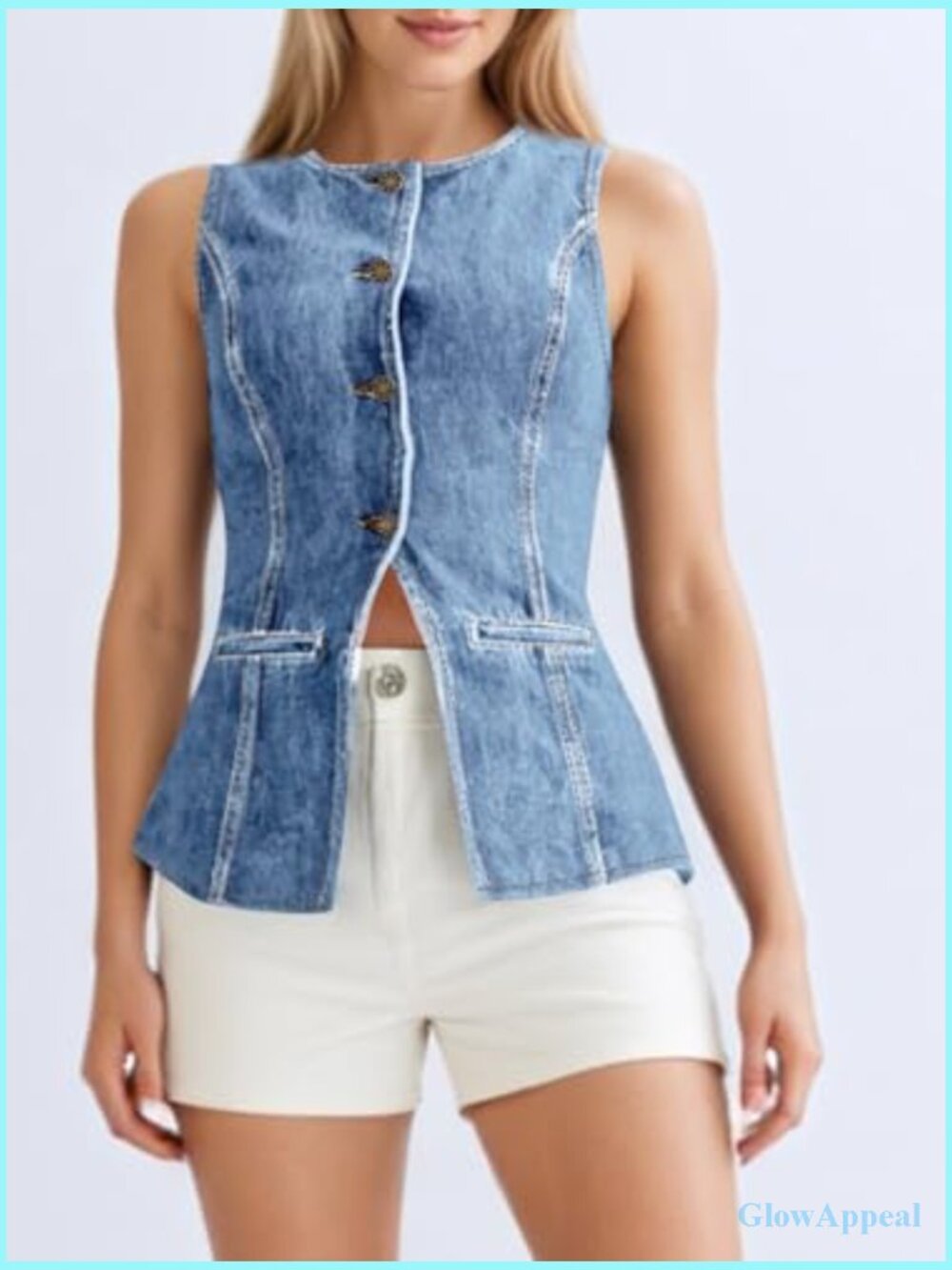 Fitted Sleeveless Denim Vest Button Down Crew Neck Waistcoat Ladies Jean Tank - Picture 5 of 7